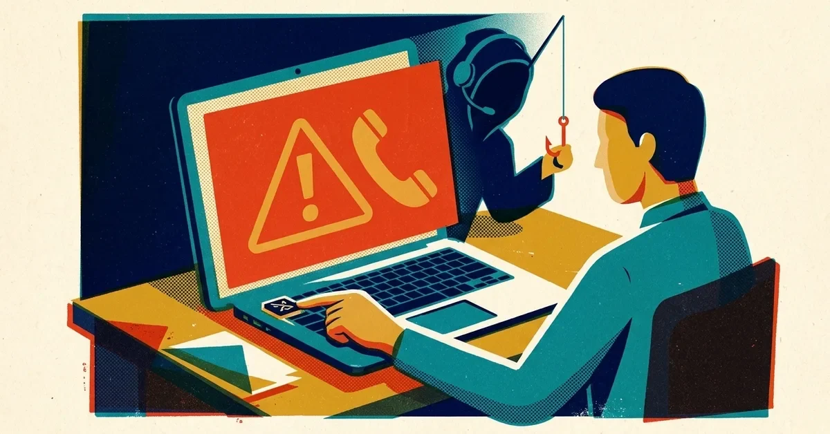 Retro screen-print illustration: a laptop screen taken over by a red warning with a phone icon, a person reaching for the Escape key, and a shadowy figure in a headset dangling a fishing hook behind it.