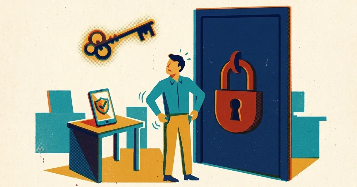 Retro screen-print illustration: an office worker patting empty pockets beside a padlocked door, with a key floating above and a phone showing a checkmark shield.
