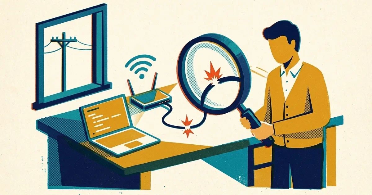 Retro screen-print illustration: an office worker holds a magnifying glass over a cable running from a laptop and router to a utility pole outside, where a small spark shows the break.