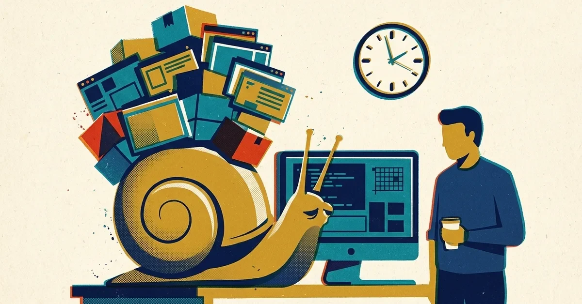 Retro screen-print illustration: a desktop computer shaped like a snail carrying a towering stack of boxes and app windows, while an office worker waits with a coffee and a clock ticks on the wall.