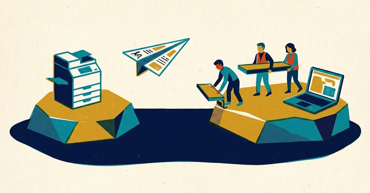 Retro screen-print illustration: a printer on one small island and a laptop on another, with a paper airplane stuck between them as office workers lay a bridge across the gap.