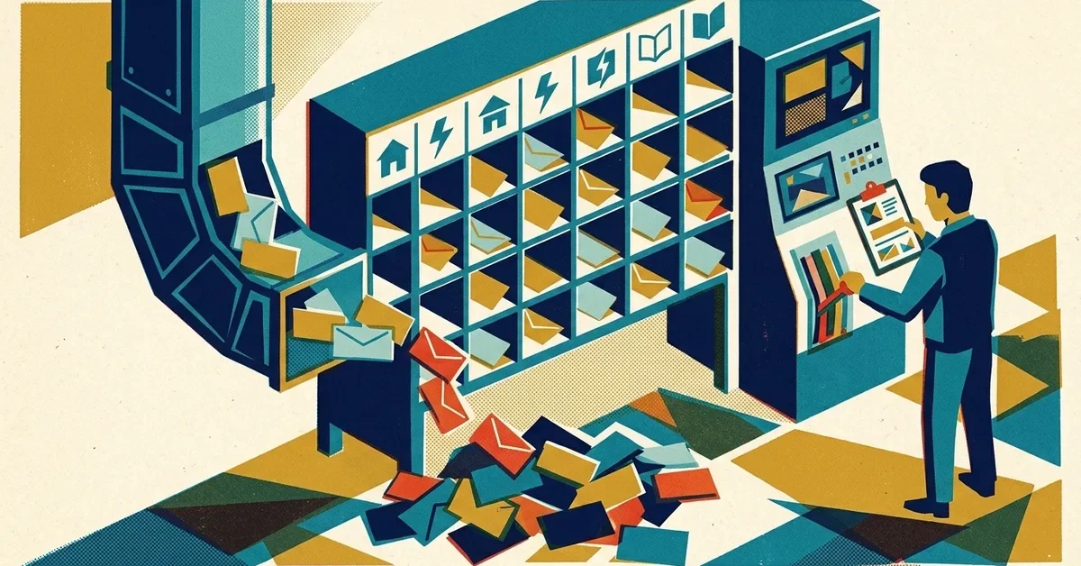 Retro screen-print illustration: envelopes sliding down a chute into a wall of pigeonholes, some spilling onto the floor, as an office worker adjusts the sorting machine.