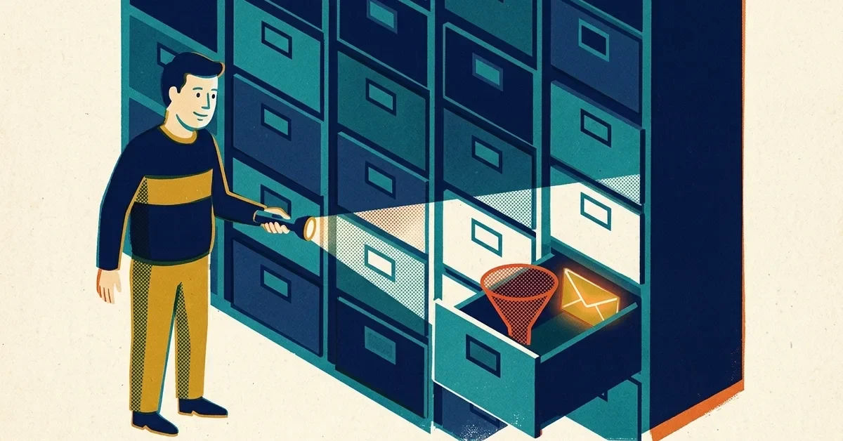 Retro screen-print illustration: an office worker shines a flashlight along a wall of filing drawers, where one open drawer holds a glowing envelope tucked behind a funnel.