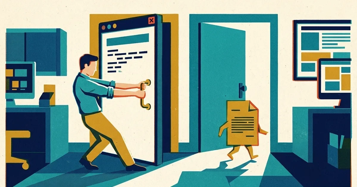 Retro screen-print illustration: an office worker tugs at a stuck door shaped like an app window, while a little paper document walks through the wrong doorway beside it.