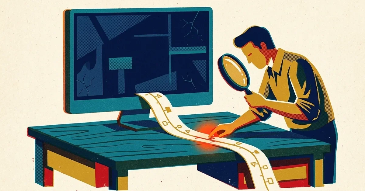 Retro screen-print illustration: an office worker studies a long timeline ribbon with a magnifying glass, one marker glowing red, beneath a computer monitor showing a cracked error screen.