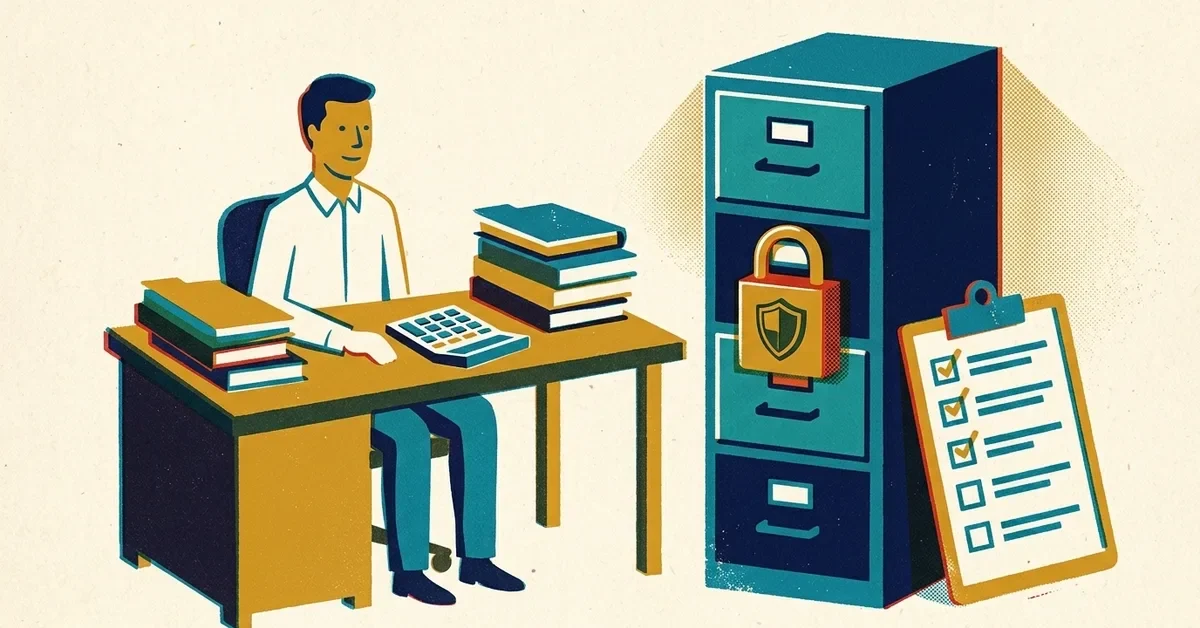 Retro screen-print illustration: an accountant at a tidy desk beside a filing cabinet locked with a padlock and shield, and a clipboard checklist leaning against it.