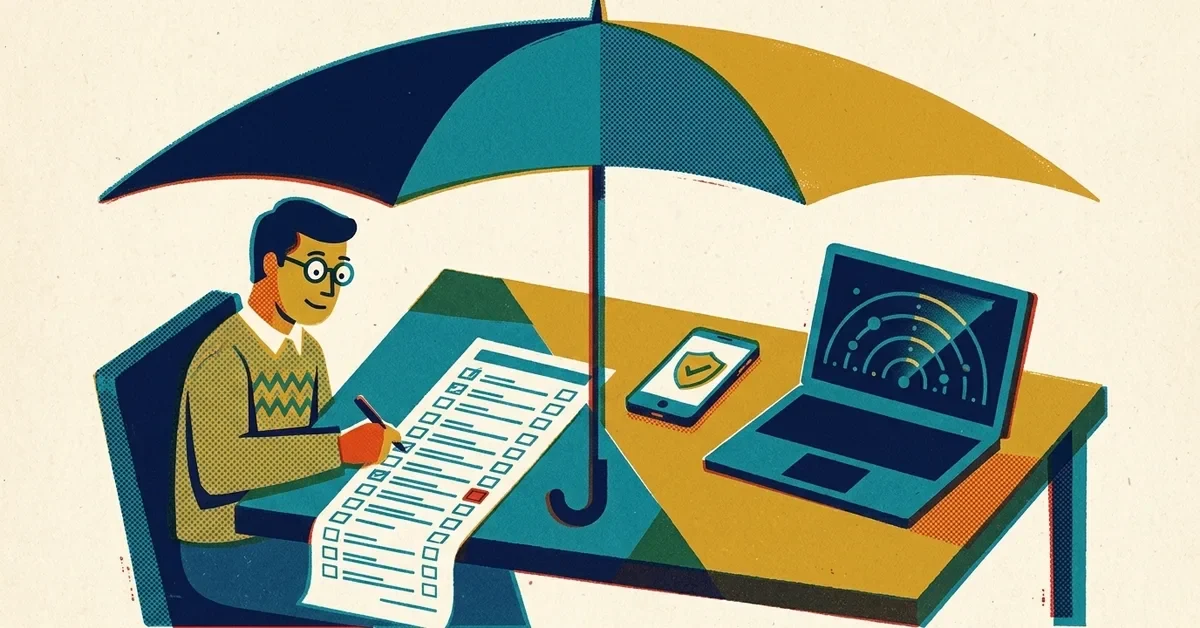 Retro screen-print illustration: a small-business owner filling in a long checkbox form under a big umbrella, with a phone showing a shield and a laptop showing a scan pattern.