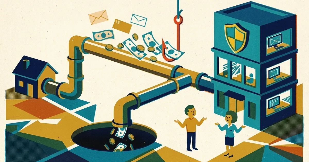 Retro screen-print illustration: a stream of money flowing through a pipe from a house toward an insurance office, diverted by a red-orange fishing hook into a dark hole while two people look on puzzled.