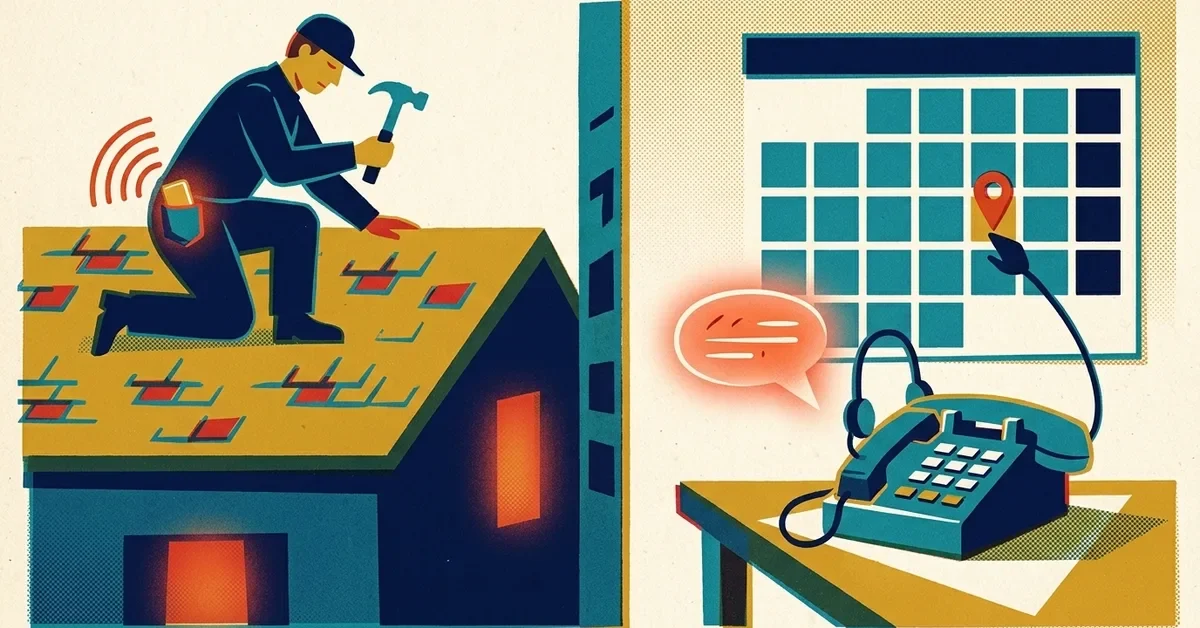 Retro screen-print illustration: a roofer working on a roof while their phone rings, and a desk phone with a headset below answering the call and pinning a job on a wall calendar.