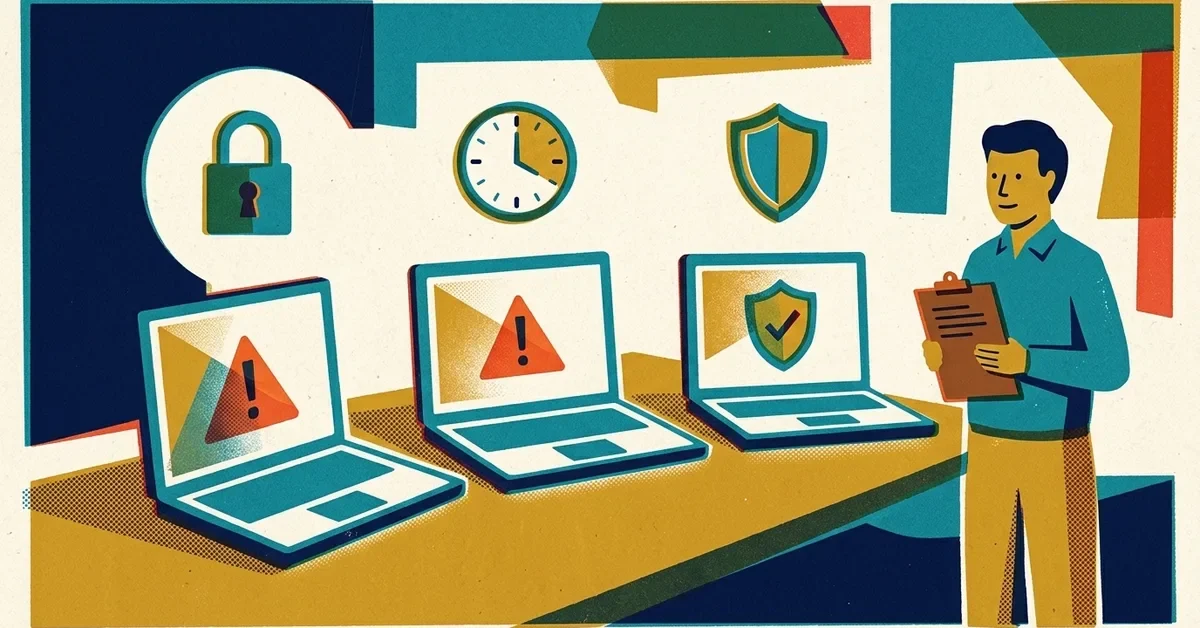 Retro screen-print illustration: three laptops in a row, two showing red-orange warning triangles and one a teal shield with a checkmark, with a person holding a clipboard and icons of a padlock, clock and shield above.
