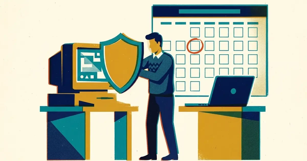 Retro screen-print illustration: an office worker holds a mustard shield in front of an old boxy desktop computer, with a wall calendar behind showing one day circled in red and a newer laptop on the next desk.