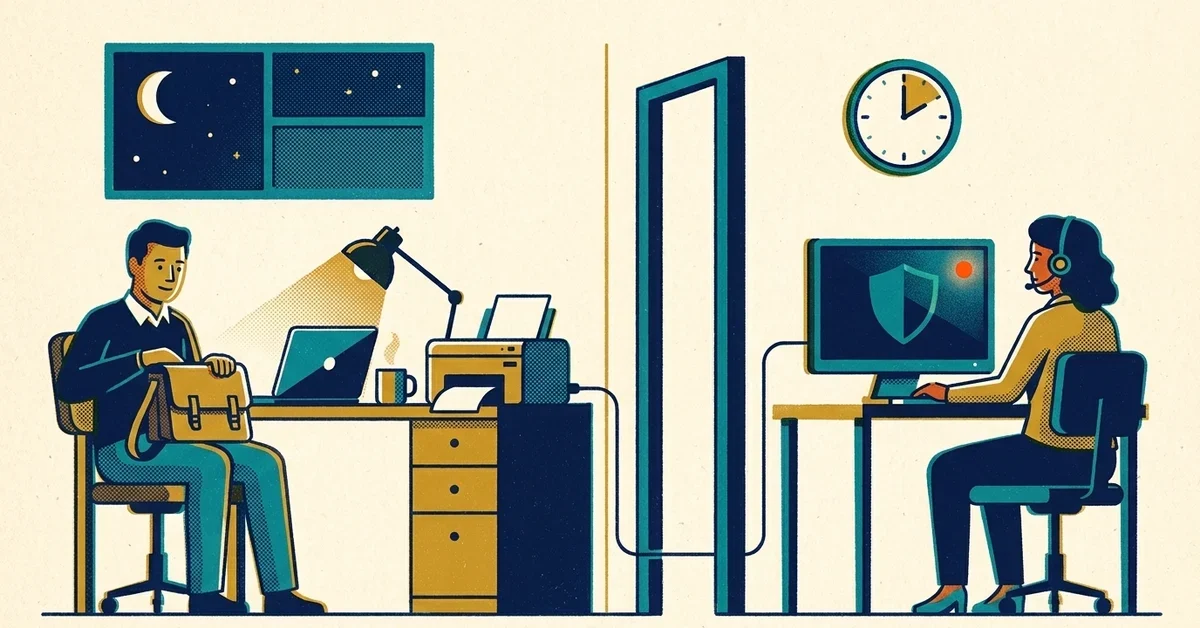 Retro screen-print illustration of a small office at night: an IT person packing up at their desk on the left while a second person in a headset watches a monitor with a shield and a red alert dot on the right, a cable linking the two desks.