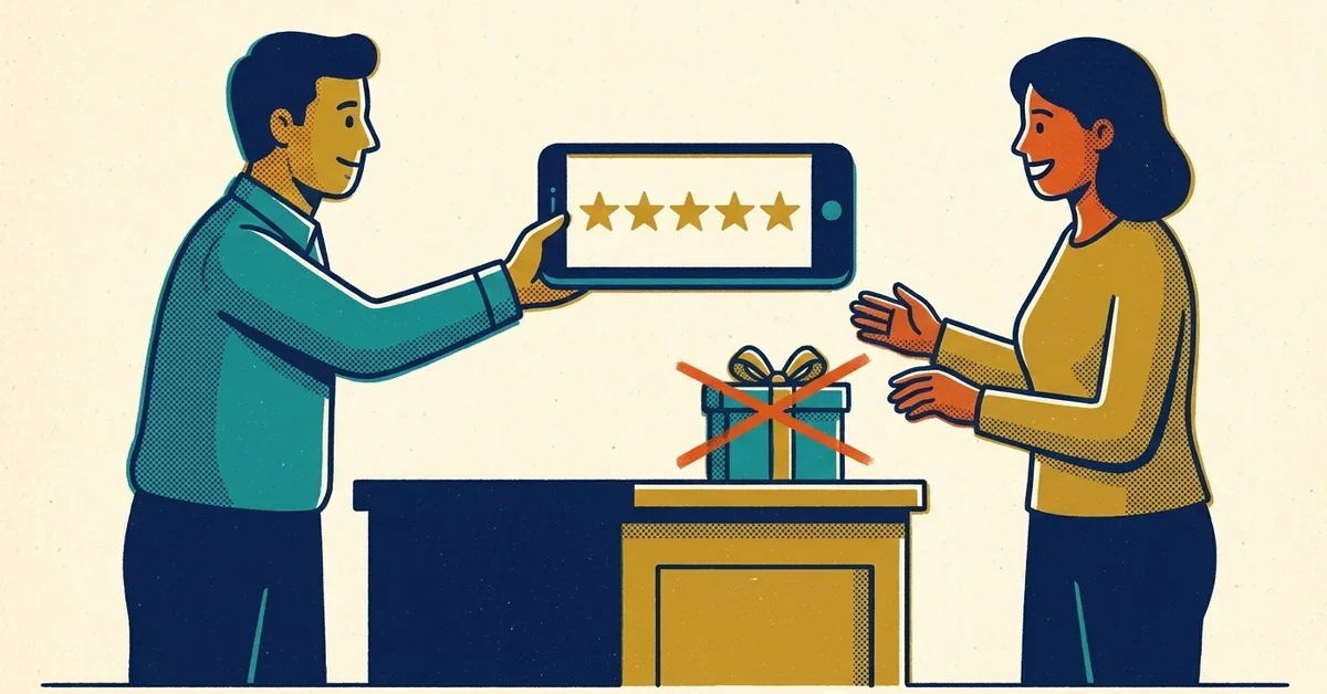 Illustration of a shop owner holding out a phone showing a row of stars to a smiling customer across the counter, with a gift box on the counter crossed out in red