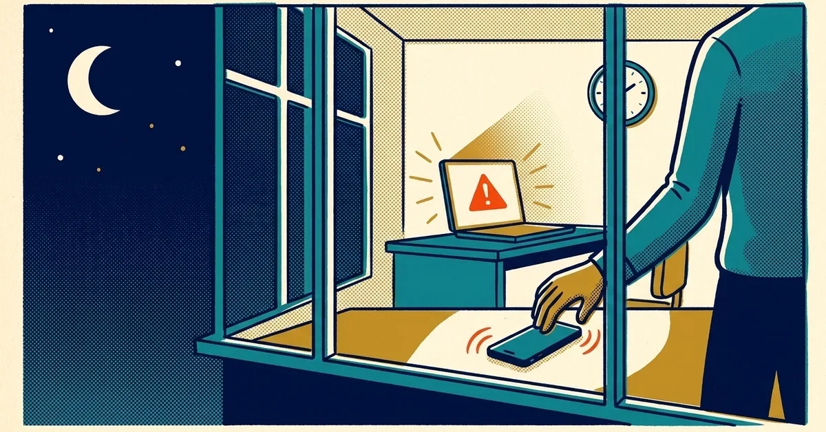 Illustration of a small office at night under a crescent moon, with a laptop showing a red warning sign and a hand reaching for a ringing phone on the desk