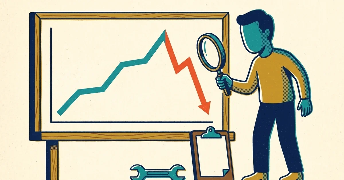 Illustration of a person holding a magnifying glass up to a large line chart on a board where the line suddenly falls in red, with a wrench and clipboard at their feet