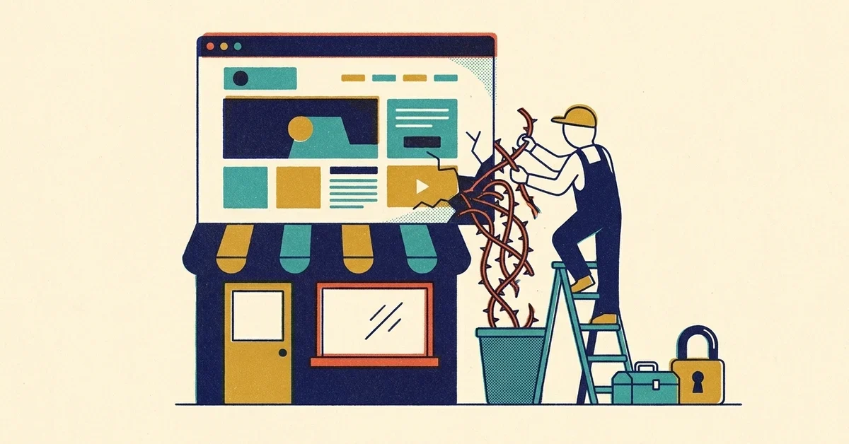 Illustration of a repair person on a ladder pulling thorny red vines out of a cracked browser window above a small shopfront, with a toolbox and padlock at the foot of the ladder