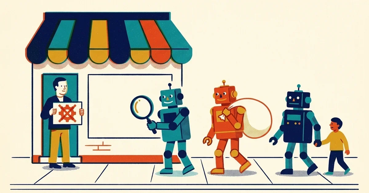 Illustration of a shopkeeper at a shop door holding a sign with a crossed-out gear, as three robots approach: one with a magnifying glass, one carrying an empty sack, and one walking with a small person.