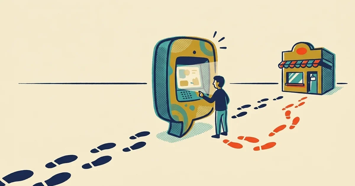 Illustration of footprints leading toward a small shop, where most stop at a large speech-bubble-shaped kiosk answering a person's question and only a few red footprints continue on to the shop.