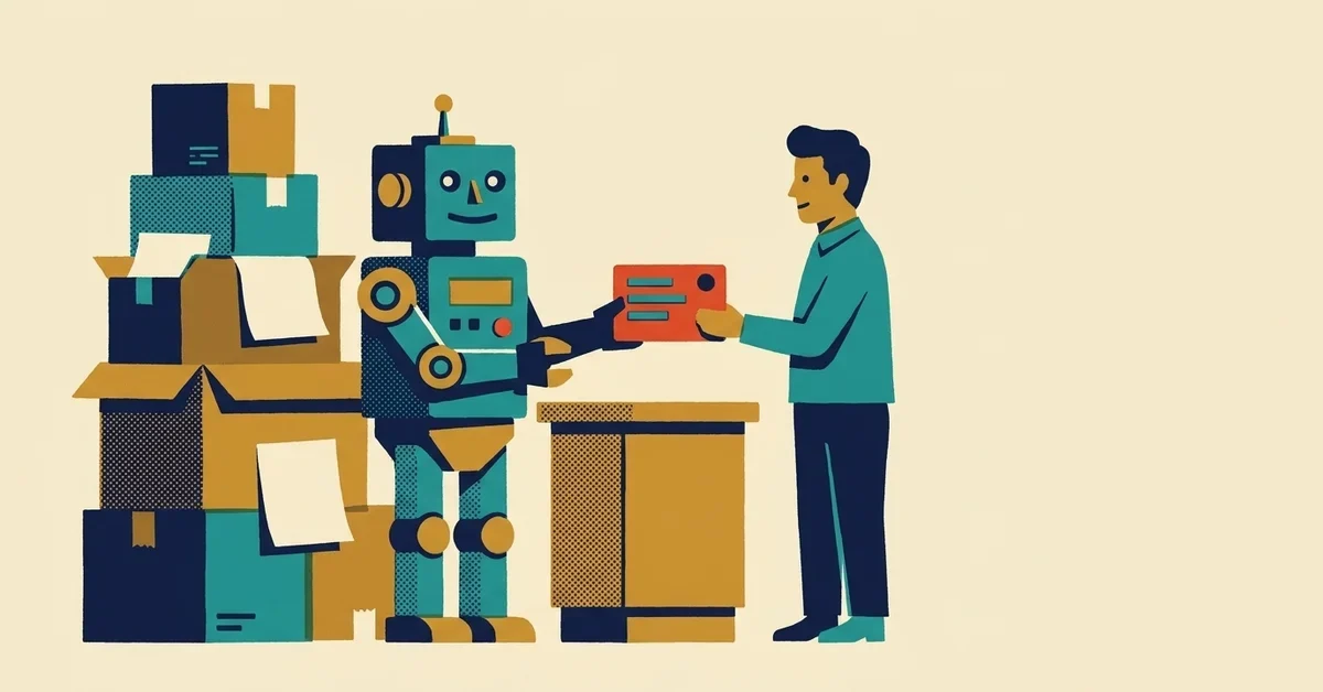 Illustration of a shop owner handing a simple red card to a friendly robot standing beside a tall, messy stack of boxes and papers.