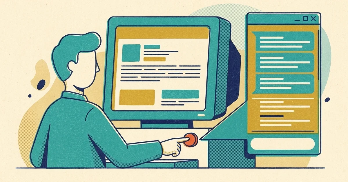 Retro screen-print illustration: a person at a desk presses a round red button under an article on a computer monitor, and a chat window beside it shows a short stack of summary lines.