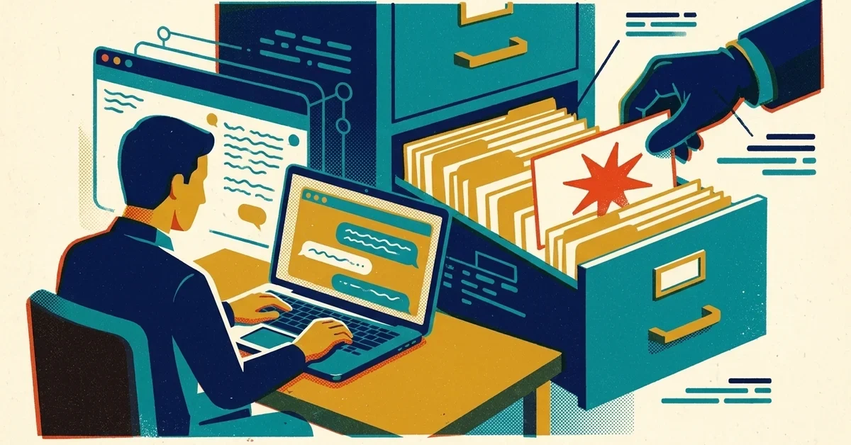 Retro screen-print illustration: a person types at a laptop while, behind them, a gloved hand slips a card marked with a red star into an open filing-cabinet drawer of cards.