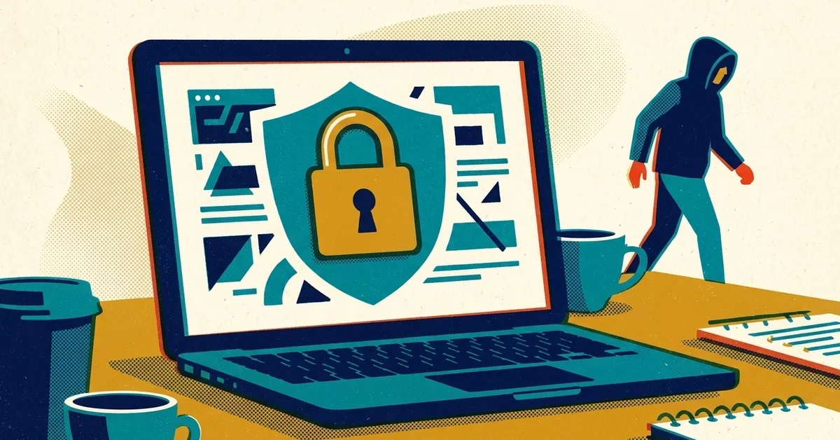 A laptop on a cafe table with its screen locked behind a shield and padlock, while a hooded thief walks away empty-handed