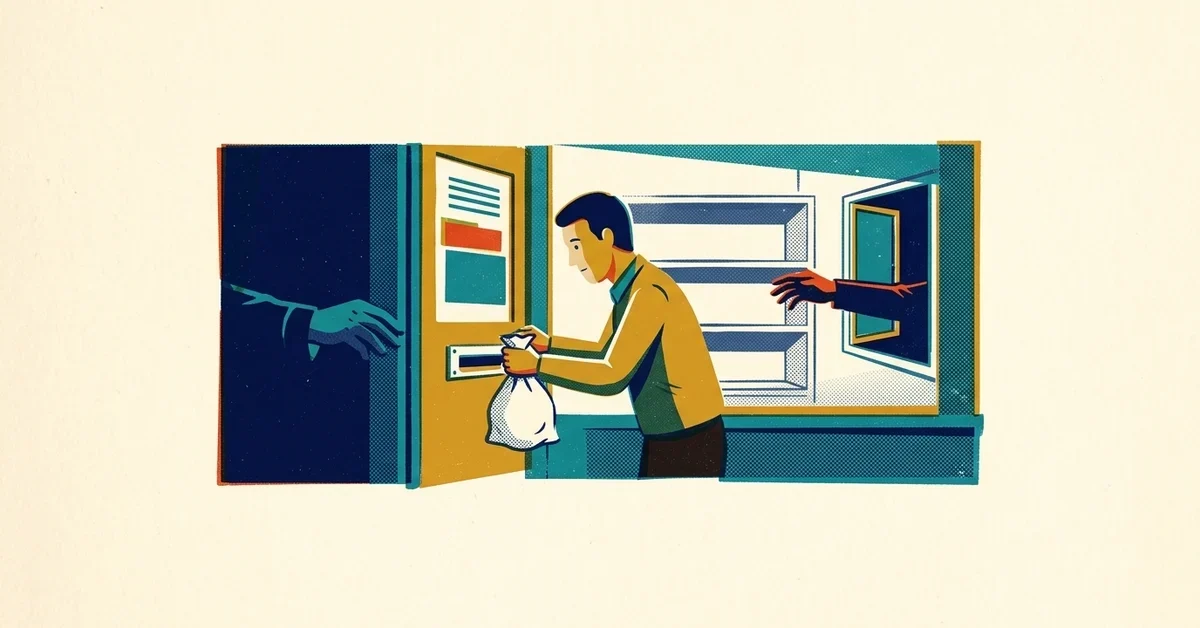 Retro screen-print illustration: a shop owner pushes a plain sack through the door's mail slot to a shadowy hand while a second hand reaches in through the back window