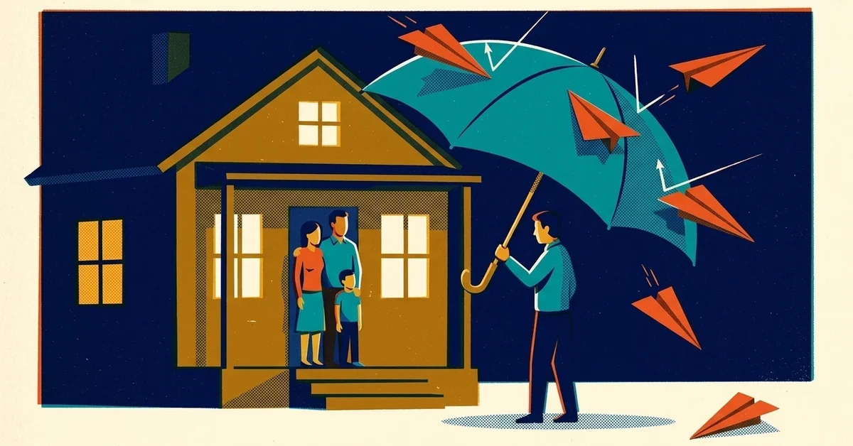 Retro screen-print illustration: an office worker holds a large teal umbrella over a family on their porch as red-orange paper airplanes bounce off it