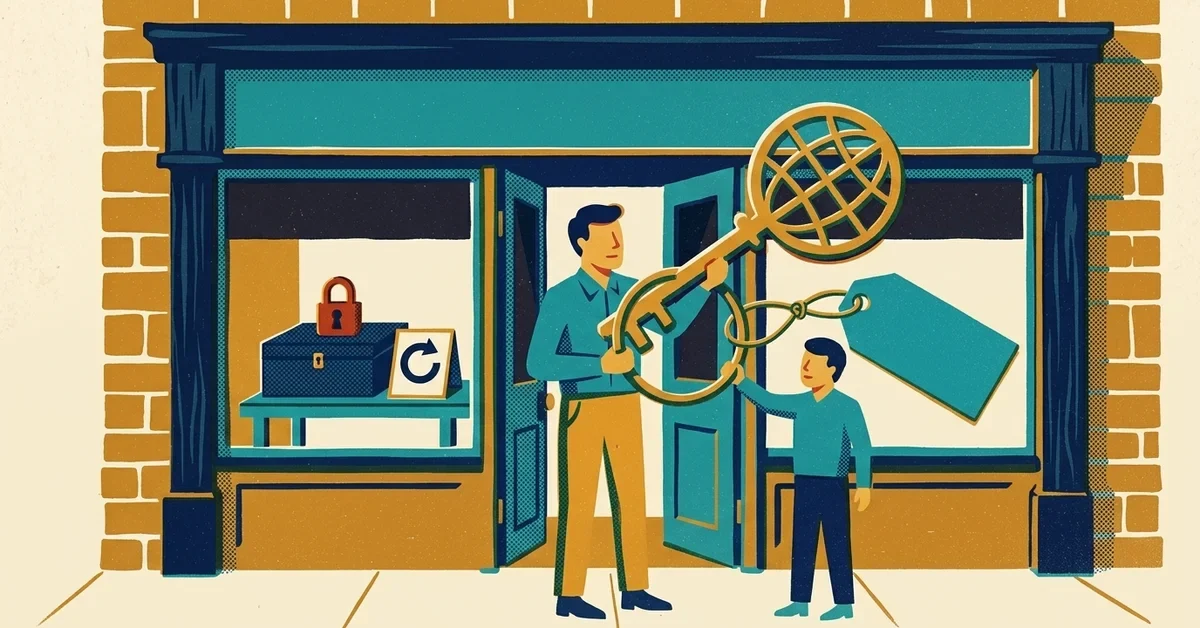 Retro screen-print illustration: a shop owner and a helper both hold a giant key with a globe-shaped bow outside a storefront, a padlocked box and renewal arrow in the window.