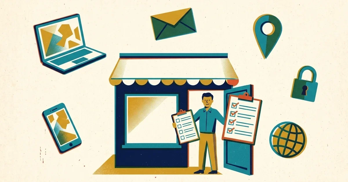 Retro screen-print illustration: a new business owner holding checklists in the doorway of a small shop, with a laptop, envelope, phone, map pin, padlock and globe around it.