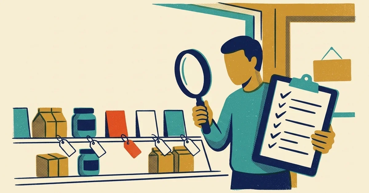 Illustration of a store owner holding a magnifying glass and a blank checklist beside a shelf of products with blank tags.