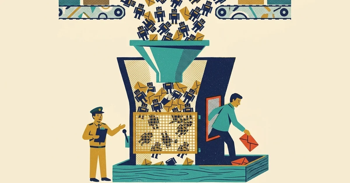 Illustration of a funnel and mesh gate catching a stream of small robot shapes while a person slips through a side door with an envelope
