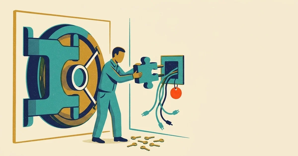 Illustration of a person pulling a puzzle-piece plug out of a socket beside a vault door, with loose cables and keys on the floor