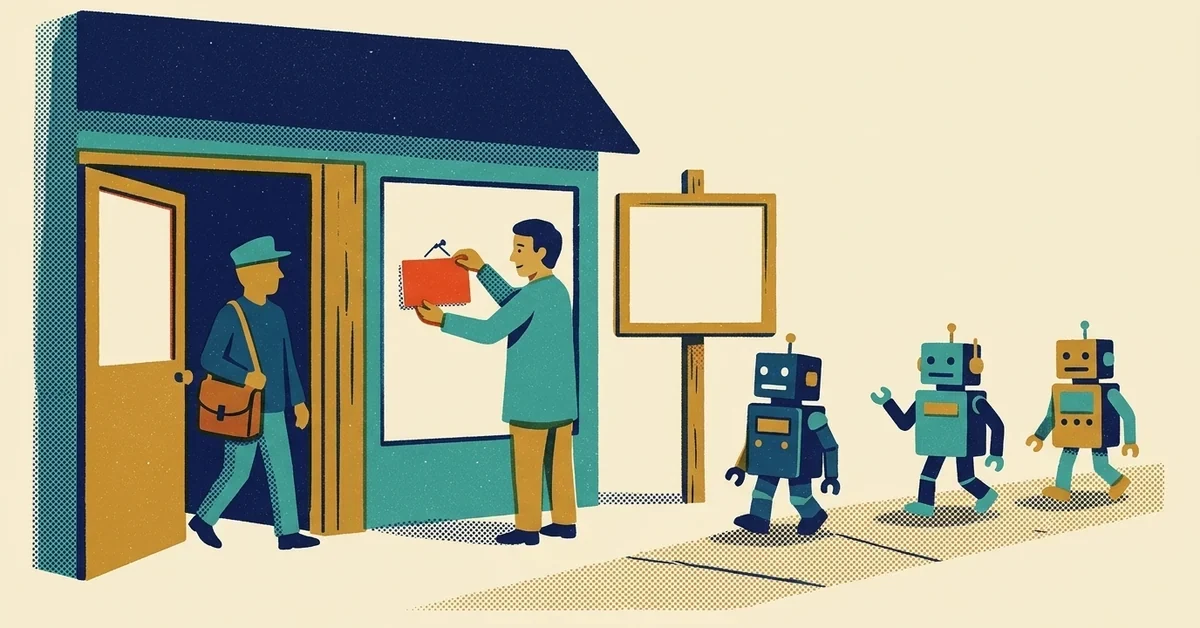 Illustration of a shop owner hanging a sign by an open door as a mail carrier walks in and small robots stroll past on the path