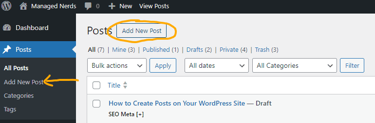 Screenshot showing where to click inside WordPress to create a new post.