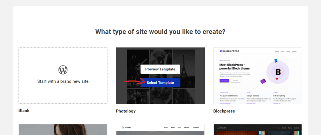 Image showing site selection options for templates.