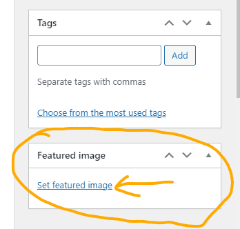 Screenshot showing how to find the Set Featured Image location in WordPress for a post.